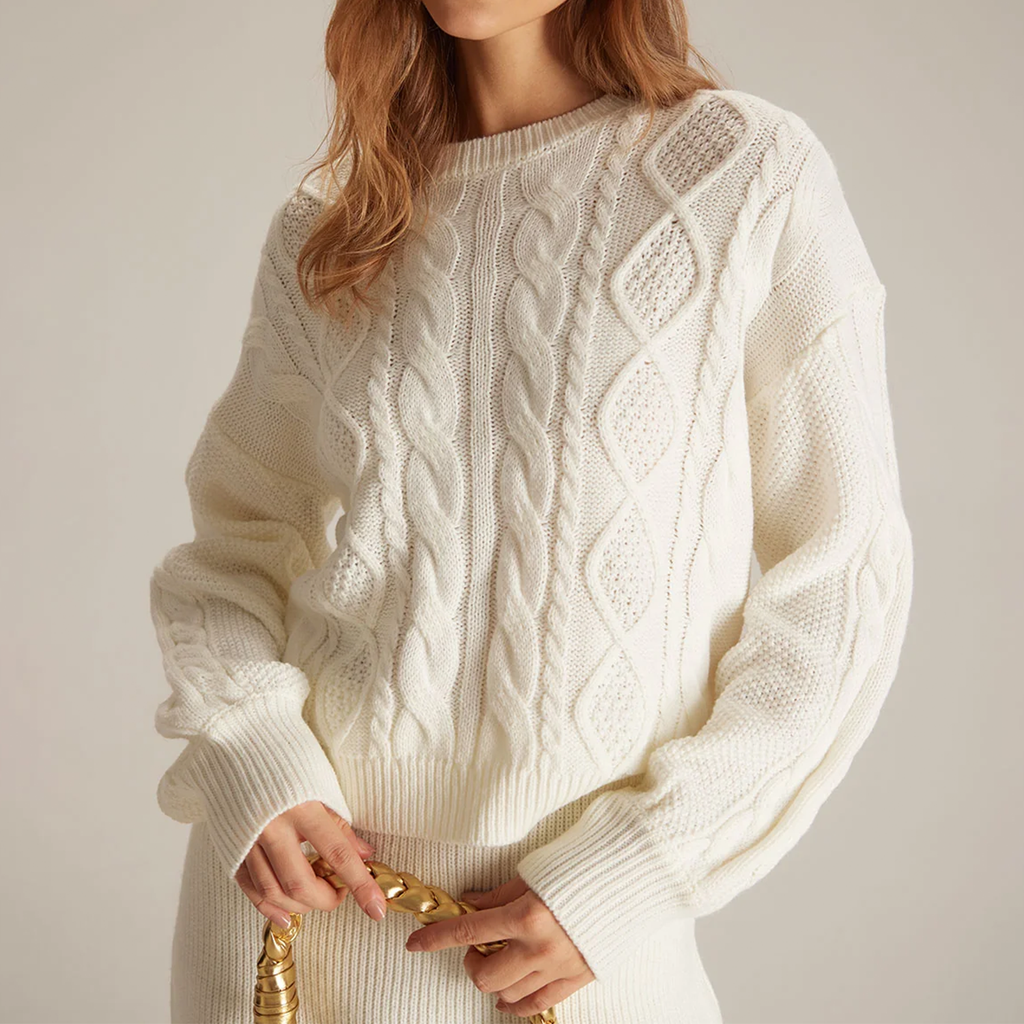 White Round Neck Cable Knit Long Sleeve Sweater