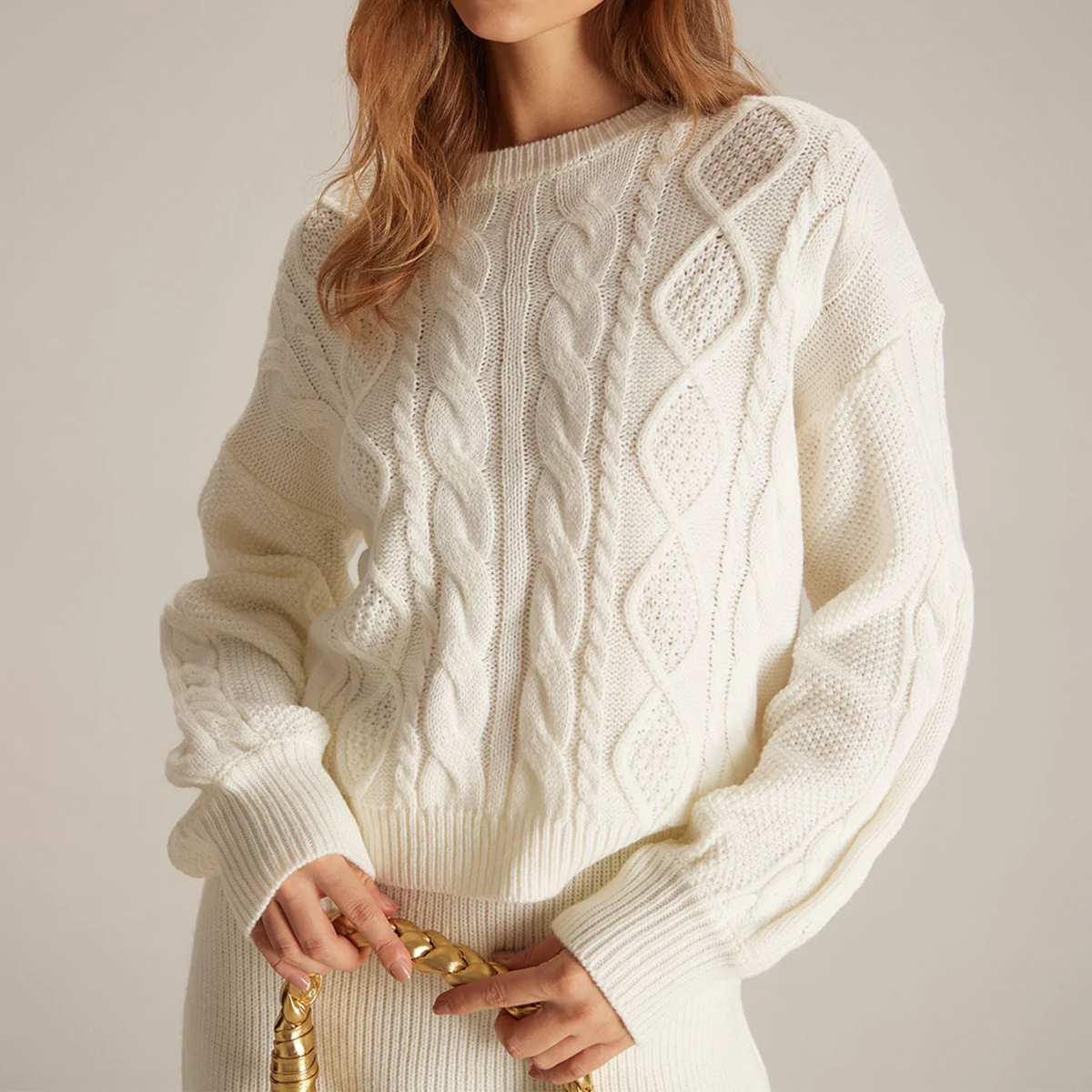 White Round Neck Cable Knit Long Sleeve Sweater