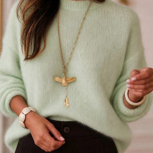 Green Round Neck Textured Loose Long Knit Sweater