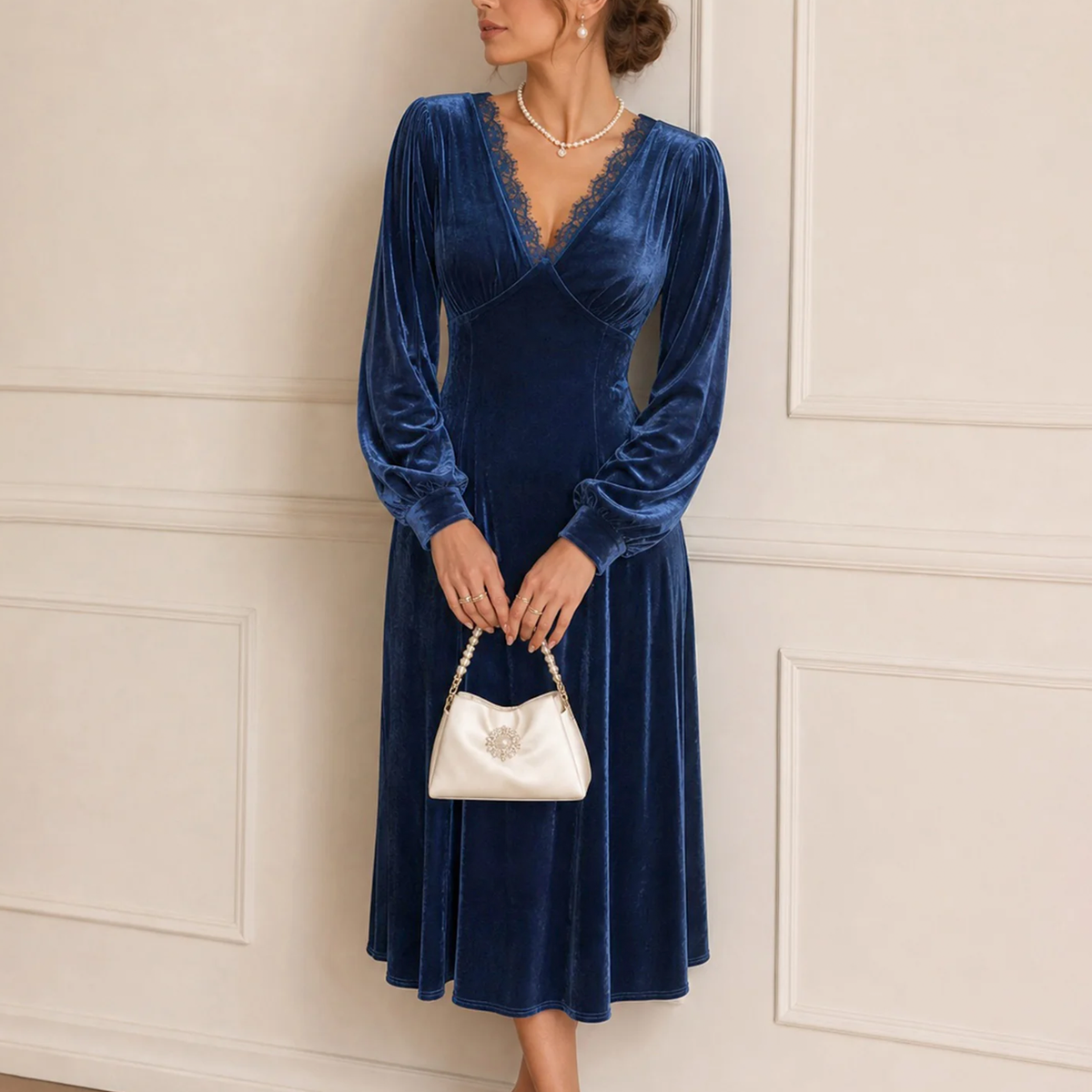 V Neck Lace Bishop Sleeve A-Line Midi Dress