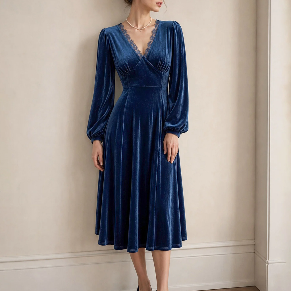 V Neck Lace Bishop Sleeve A-Line Midi Dress