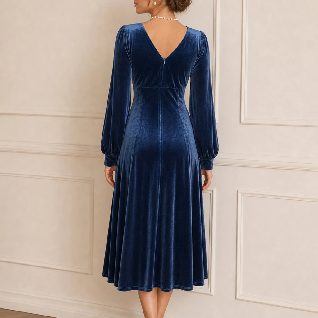 V Neck Lace Bishop Sleeve A-Line Midi Dress