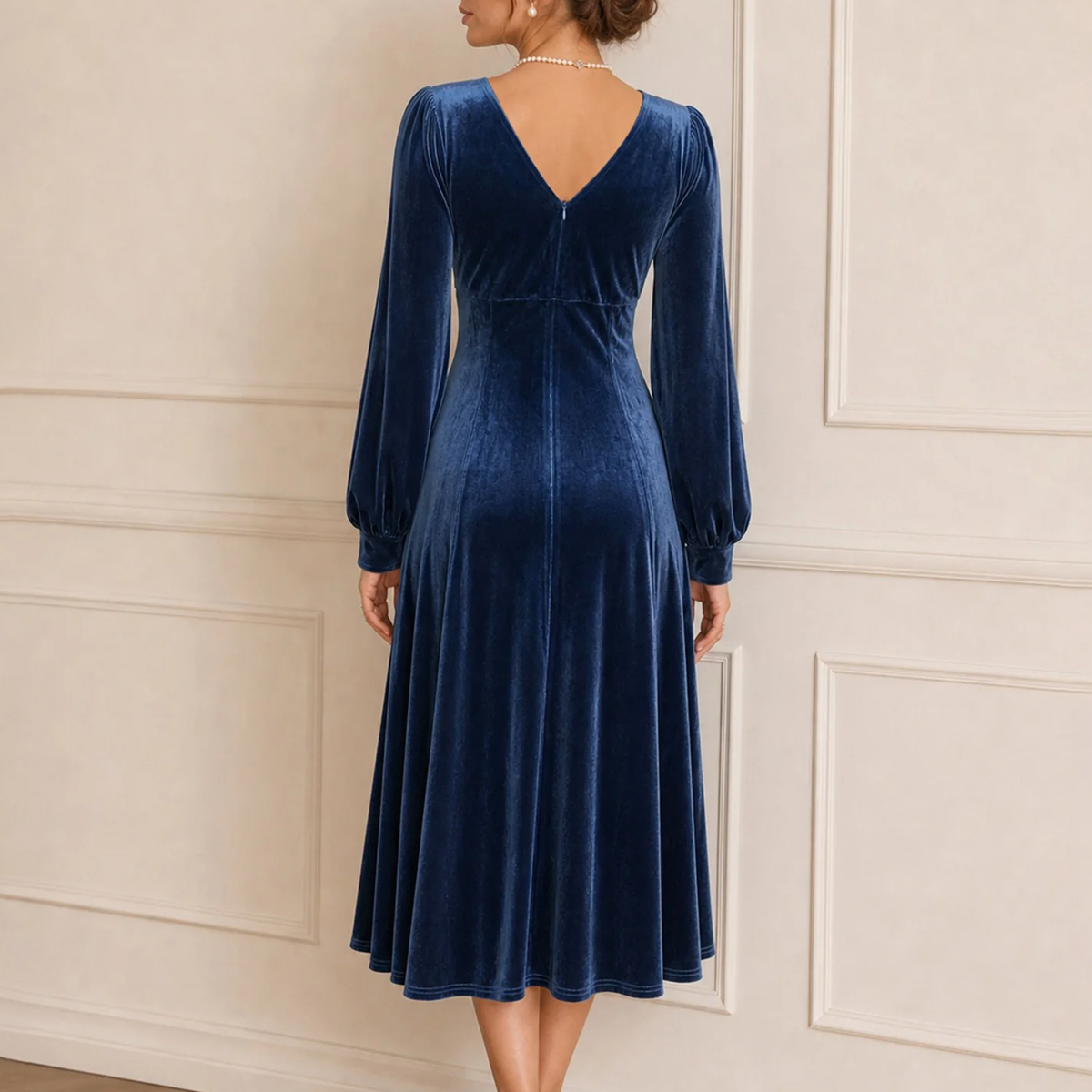 V Neck Lace Bishop Sleeve A-Line Midi Dress