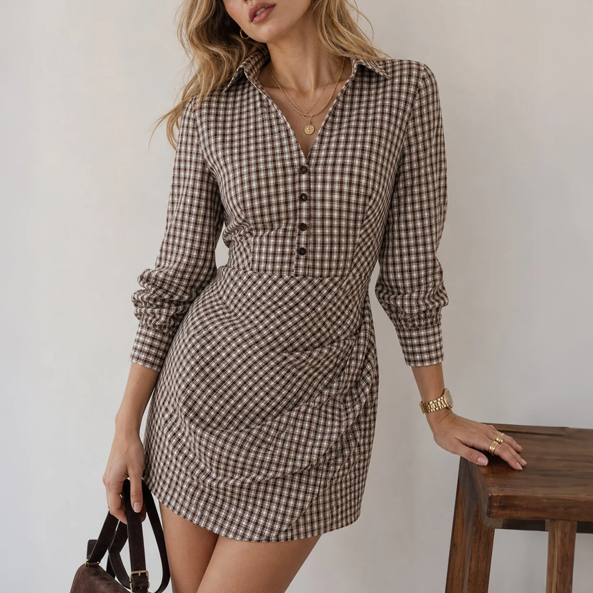 Collared Plaid Button Ruched A-Line Mini Dress