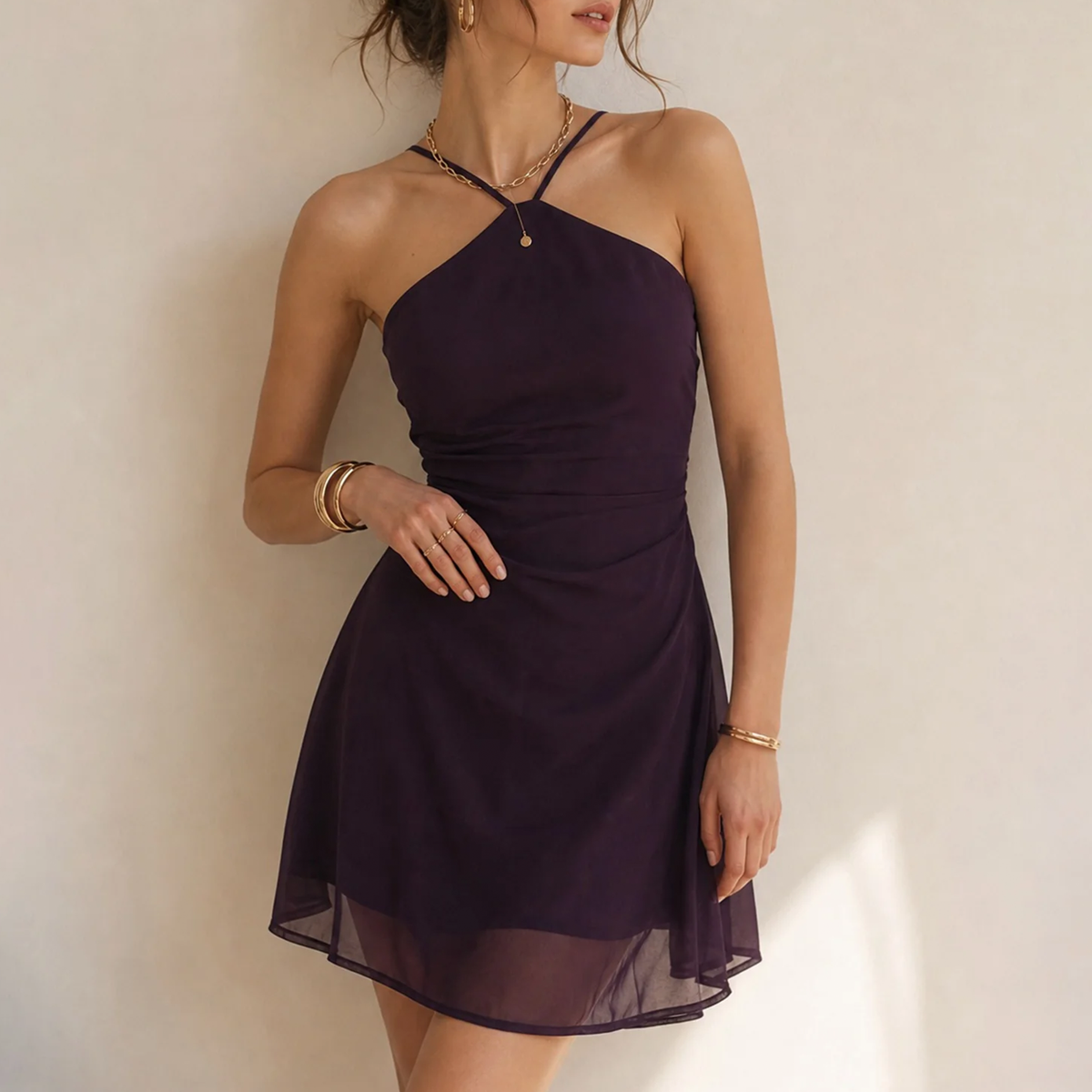 Black Halter Shirred Ruched A-Line Skater Mini Dress