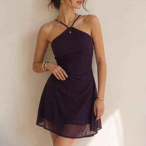 Black Halter Shirred Ruched A-Line Skater Mini Dress